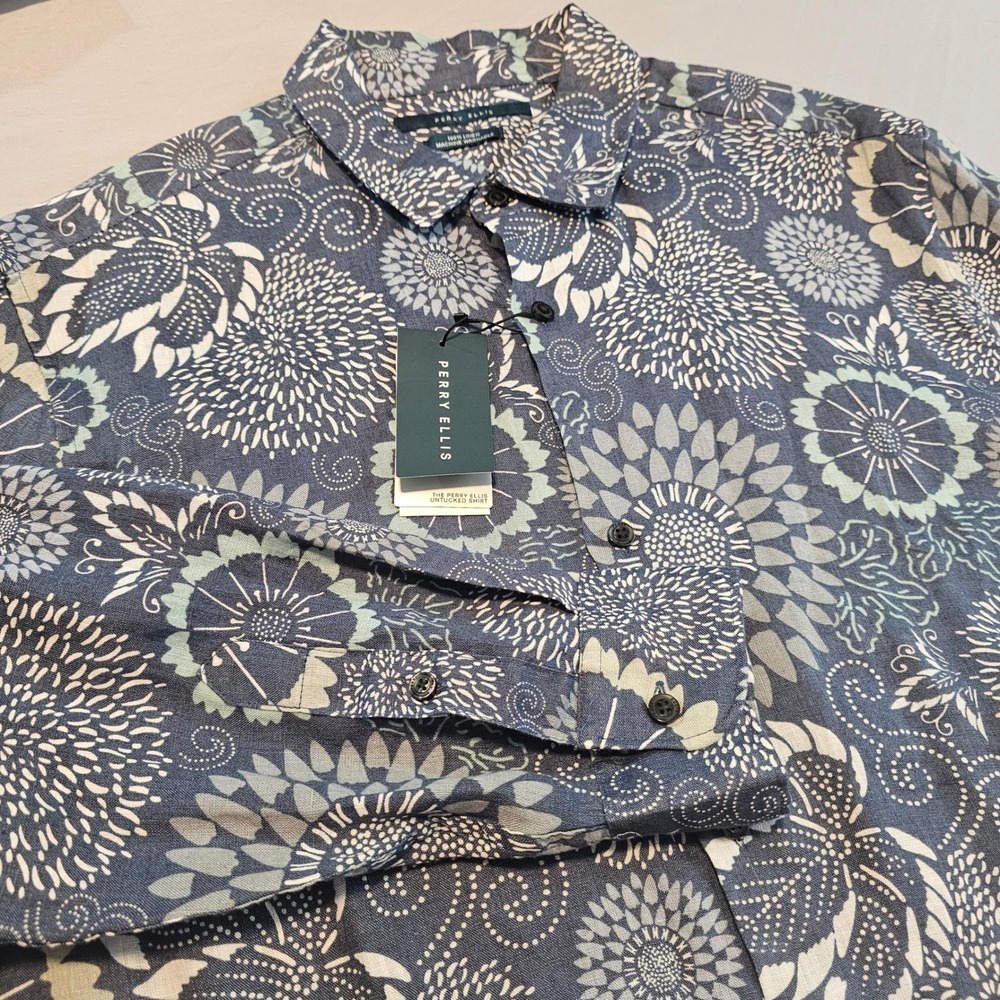 Perry Ellis Untucked Shirt XLT 100% Linen LS w/Roll-Tab Blue Floral NWT $99 L977